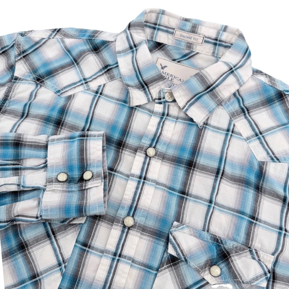 American Eagle Western Shirt Mens S Blue Plaid Pearl Snap Vintage Fit Cowboy